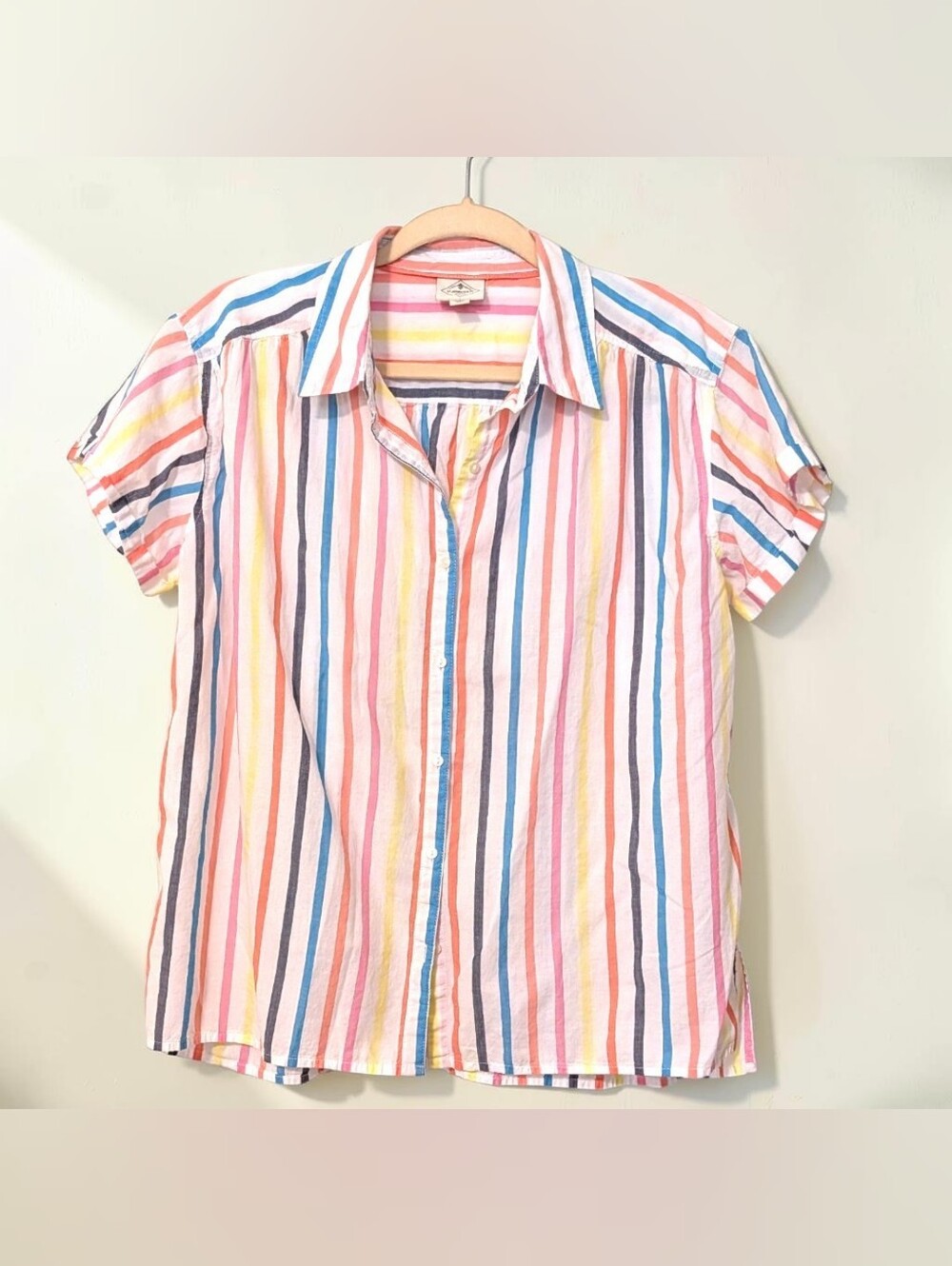St. John's Bay Short Sleeve Button Down Shirt Pastel Multi Stripe